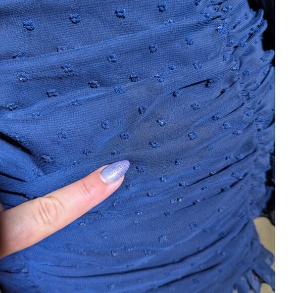 Lucy in the Sky Navy Blue Chiffon Swiss Dot Long Sleeve Ruched Mini Dress XS - Picture 4 of 6